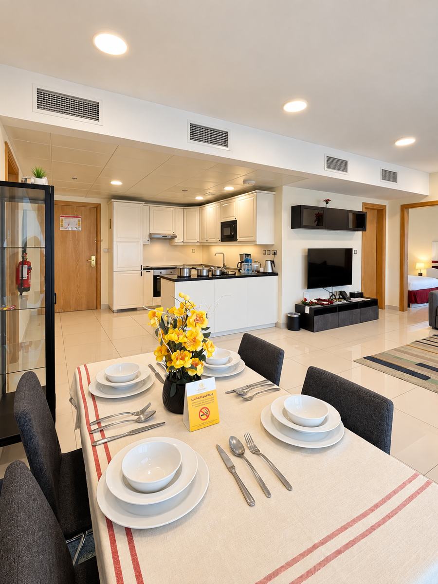 Dining table and open kitchen